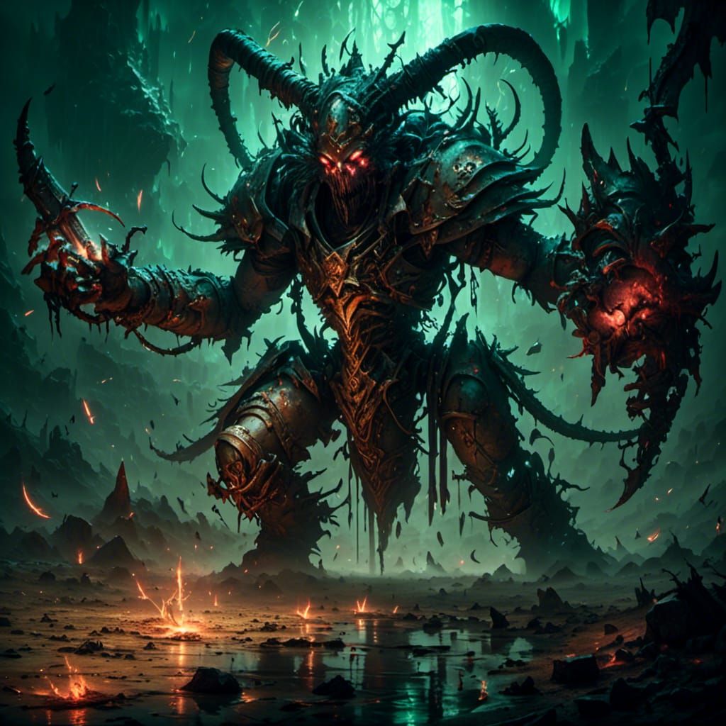 Nurgle Champion Invoking Daemon with Glowing Runes