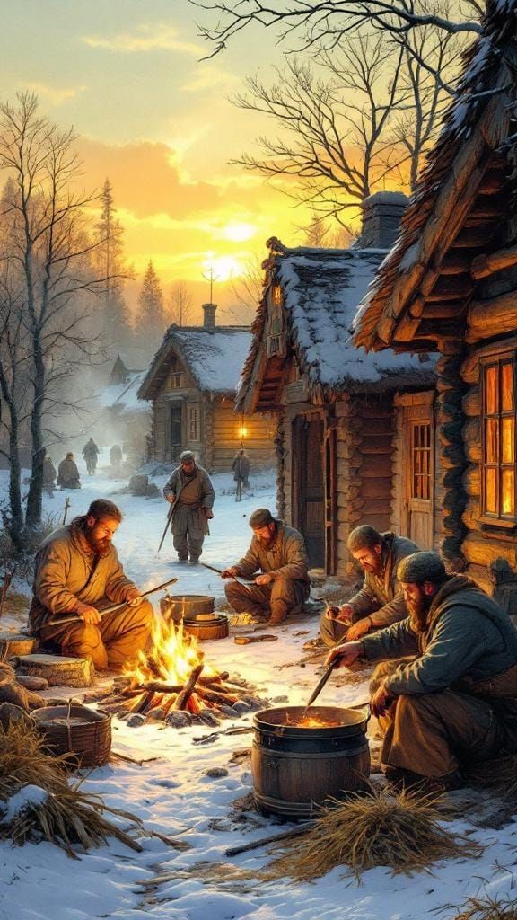 Cossack Village at Sunrise in Historical Illustration Style