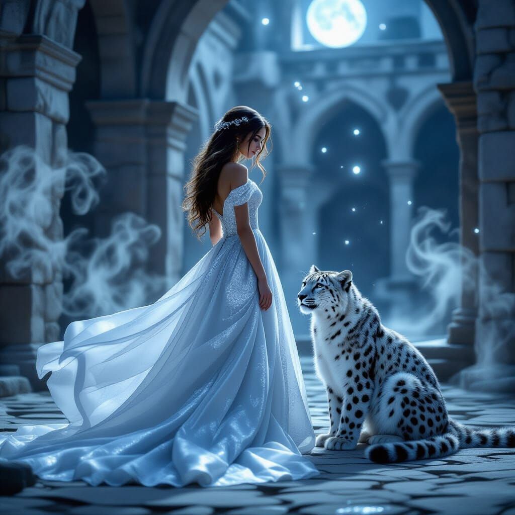 Silver Cloud Dress Girl with Snow Leopard in Moonlight