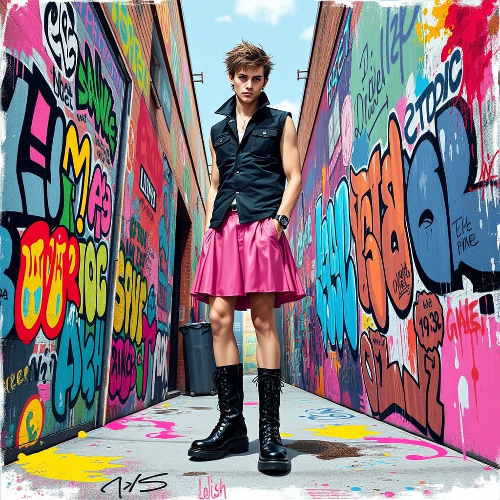 Man in Pink Skirt with Street Art Background