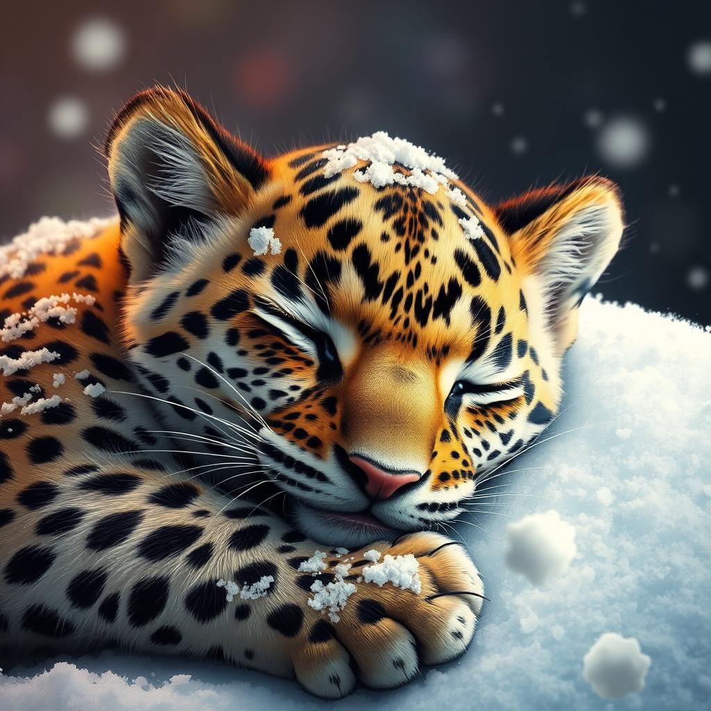 Adorable Baby Leopard Sleeping in Snow: Hyperrealistic Art