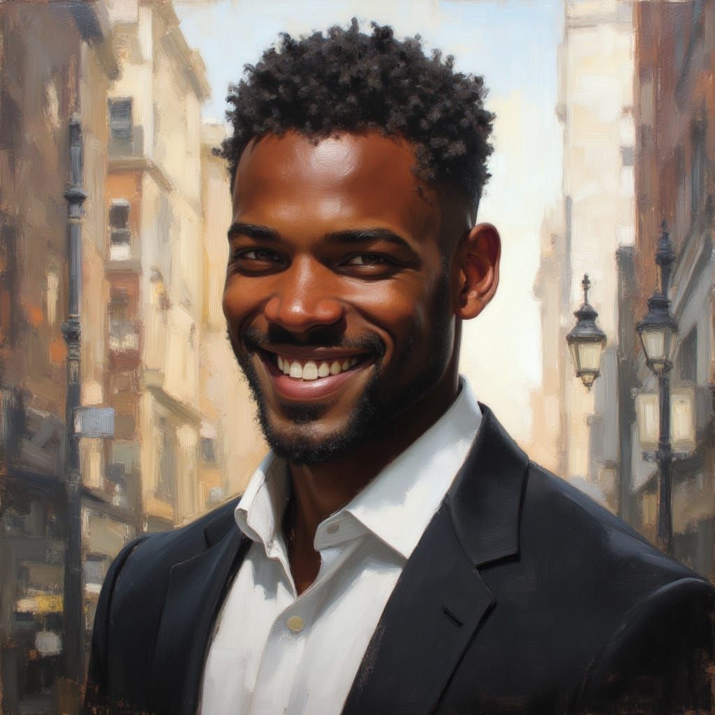 Handsome African God in Business Suit, NYC Background