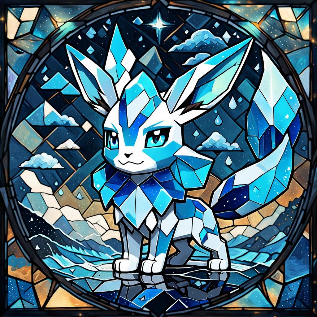 Chibi Glaceon Pokemon in Stained Glass Style