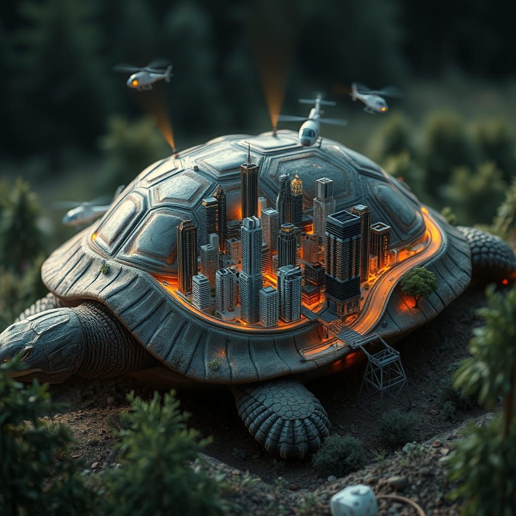 Miniature Metropolis on Turtle Shell in Futuristic Style