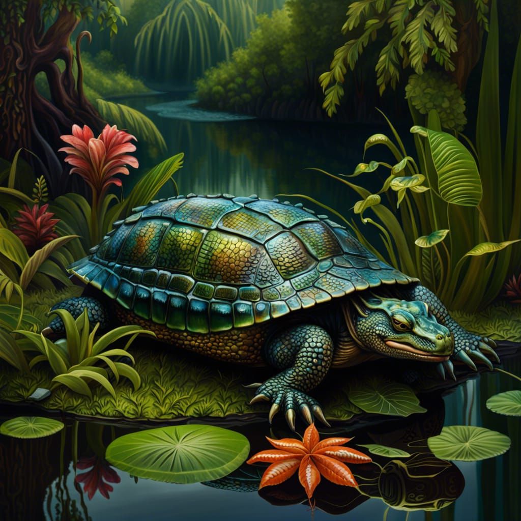Iridescent Turtle Emerges from Zazzy Bayou Swamp