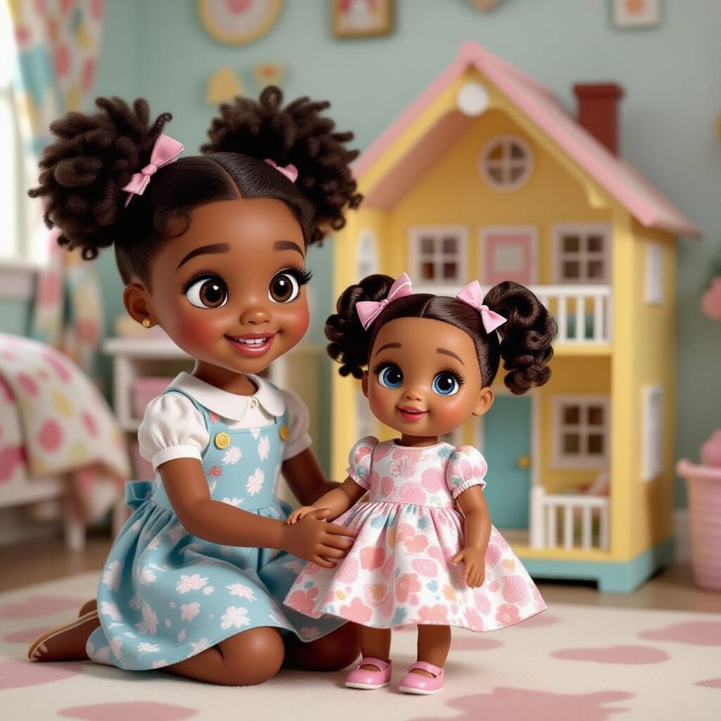 Pixar-Style Girl with Doll in Bright Bedroom