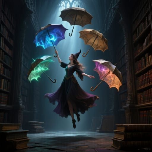 Sorceress Levitates Magical Umbrellas in Gothic Library