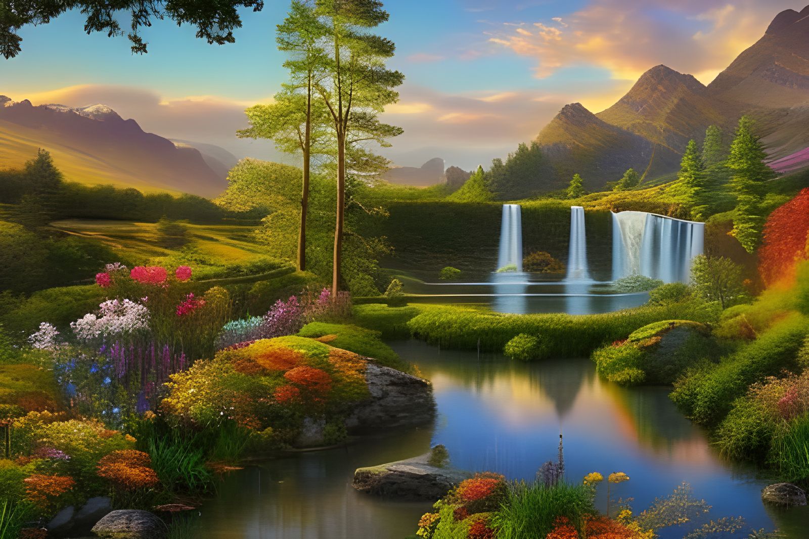 Beautiful Landscape with Waterfalls, Mountains and wildflowers