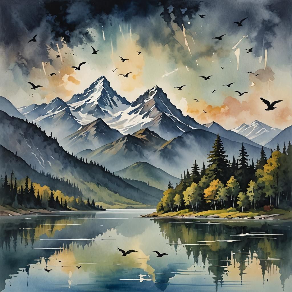 Mountain Lake Scene in Gouache Watercolor Style