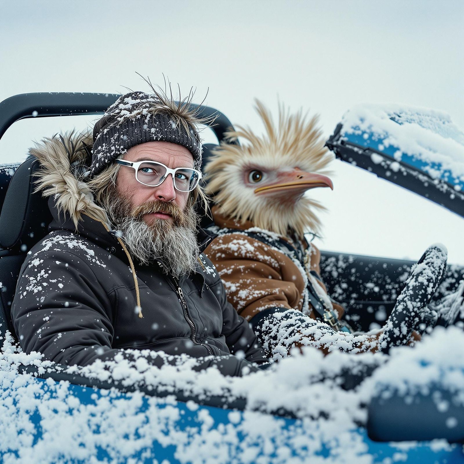 Arctic Explorers in Vintage Car, Frozen Landscape