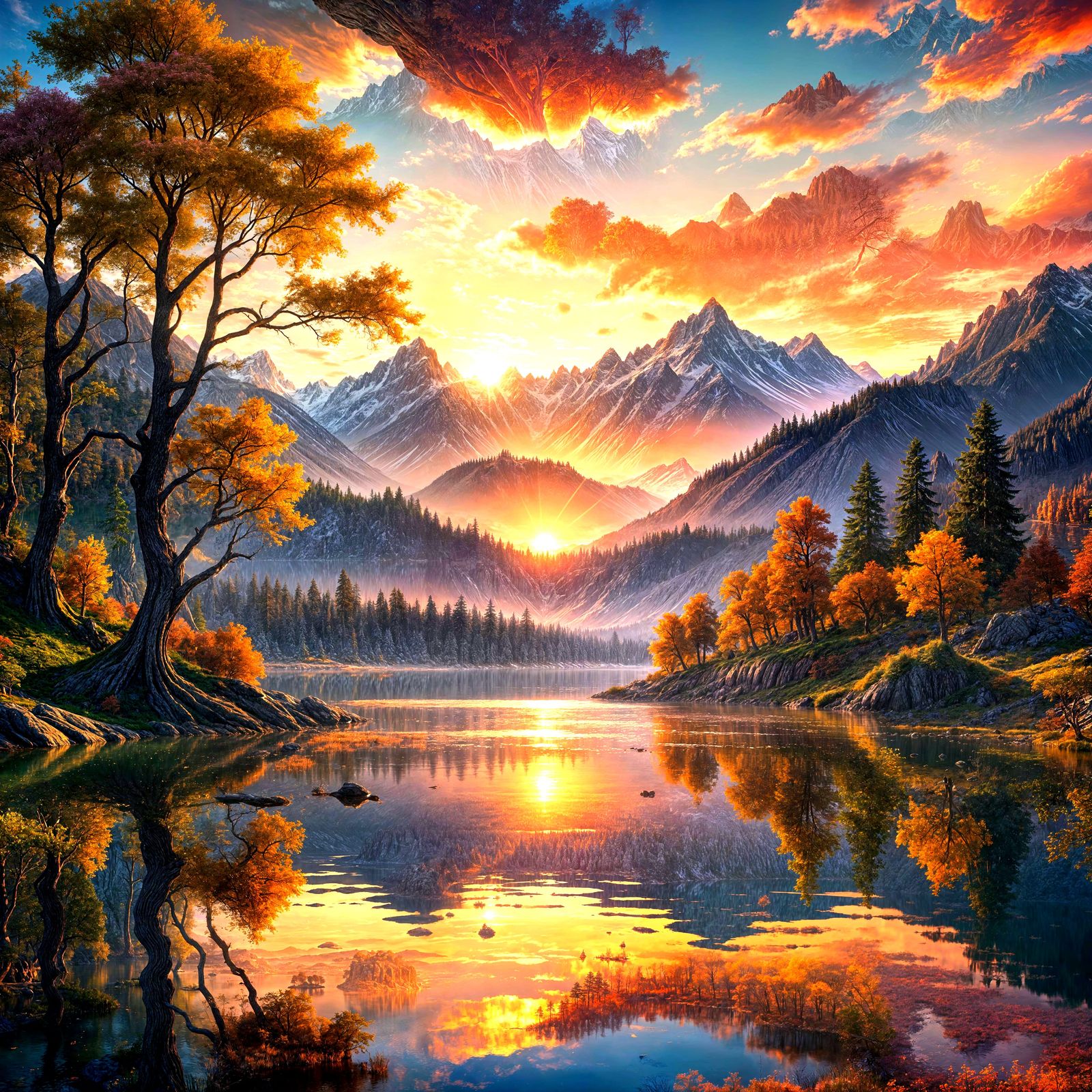 Lake Sunset Matte Painting in Detailed Fantasy Style