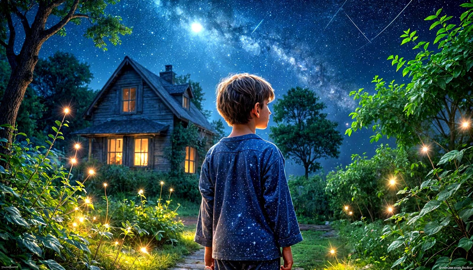 Boy Gazing at Starry Night Sky