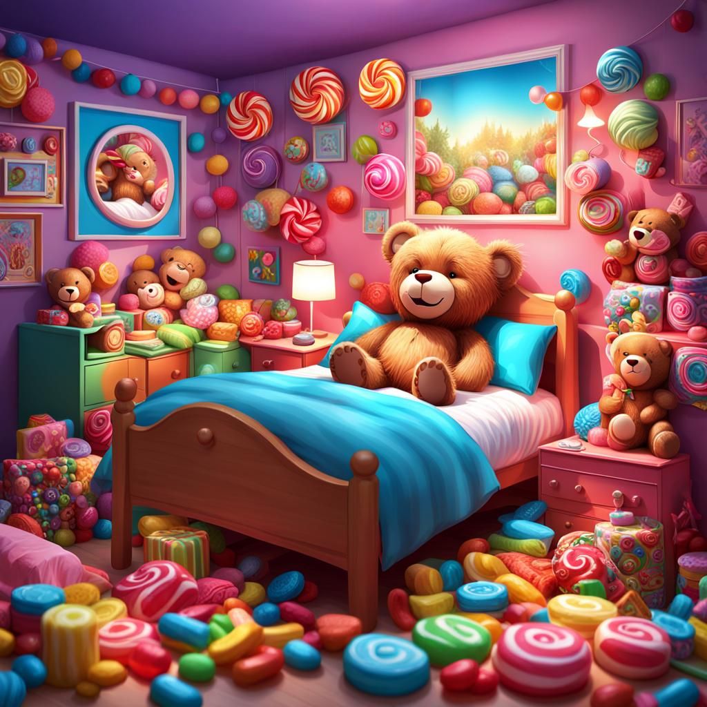 Cute Teddy Bear in Candy Art Bedroom
