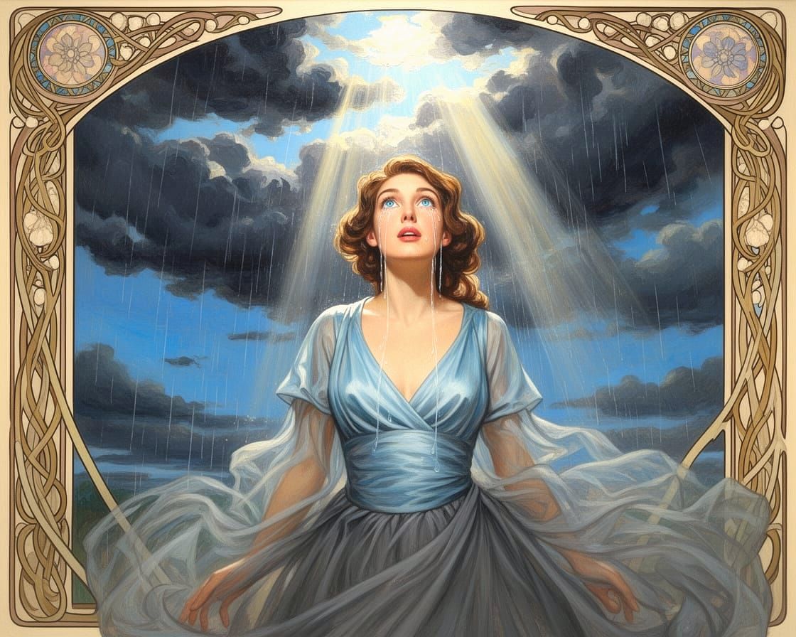 Woman Crying Under Sun Rays in Art Nouveau Style