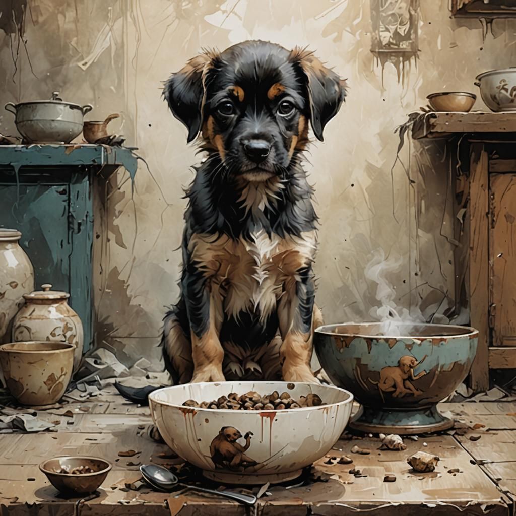 Puppy Beside Empty Bowl Digital Painting