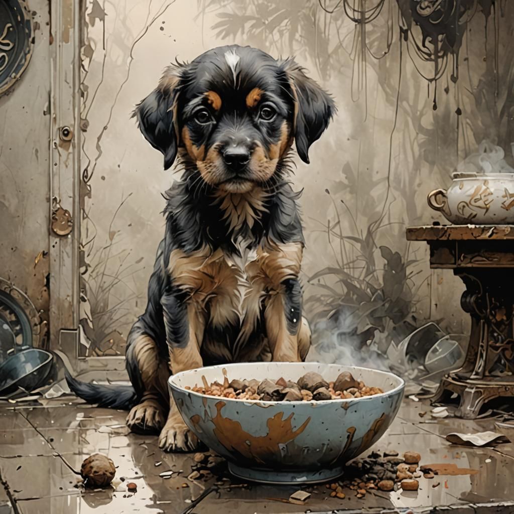 Puppy Beside Empty Bowl Digital Painting