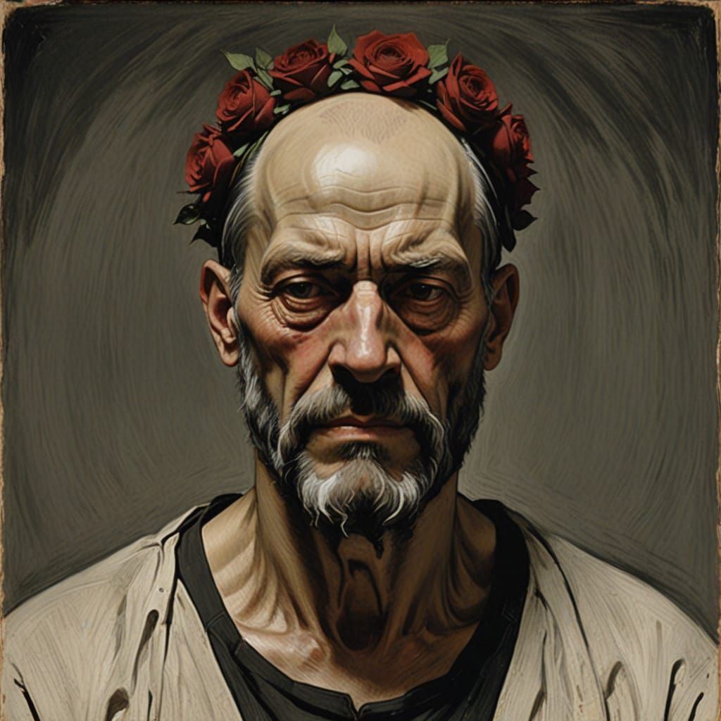 Majestic Man Wears Wilted Rose Wreath in Dramatic Lighting