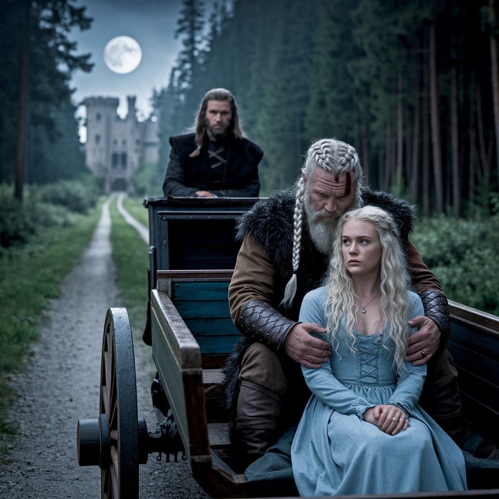 Moonlit Carriage Ride to Castle: Cinematic Film Still