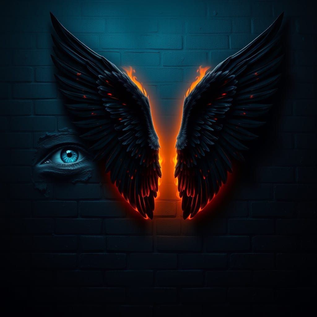 Fiery Angel Wings Unfold from Dark Brick Wall