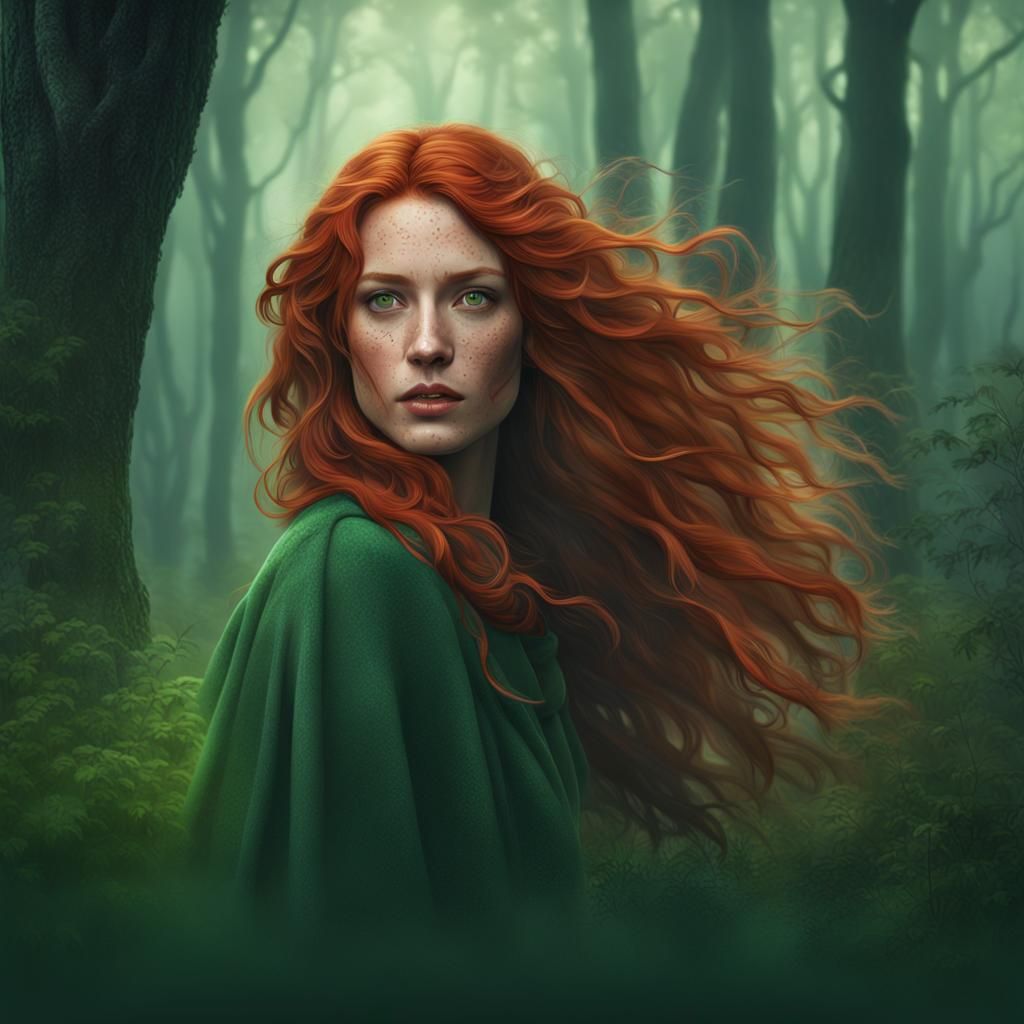 Dreamy Portrait with Red Hair in Forest Fog