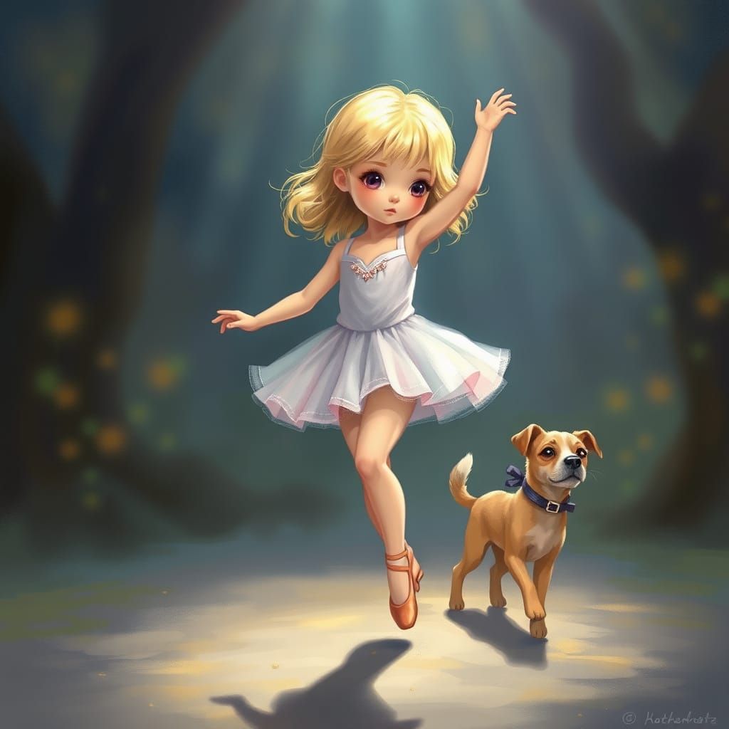 Ballerina Girl Dancing with Dog in Mystical Realism