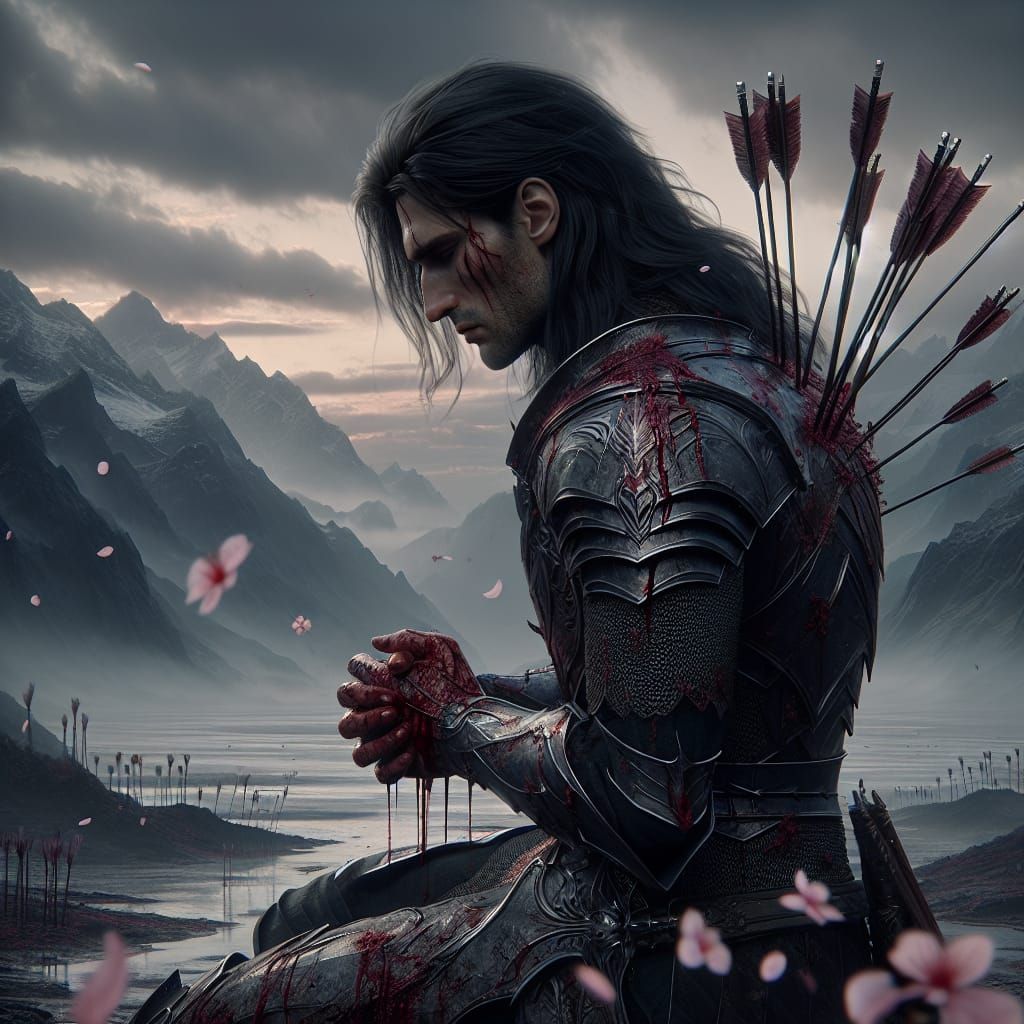 Warrior Kneels in Desolate Landscape, Fantasy Concept Art