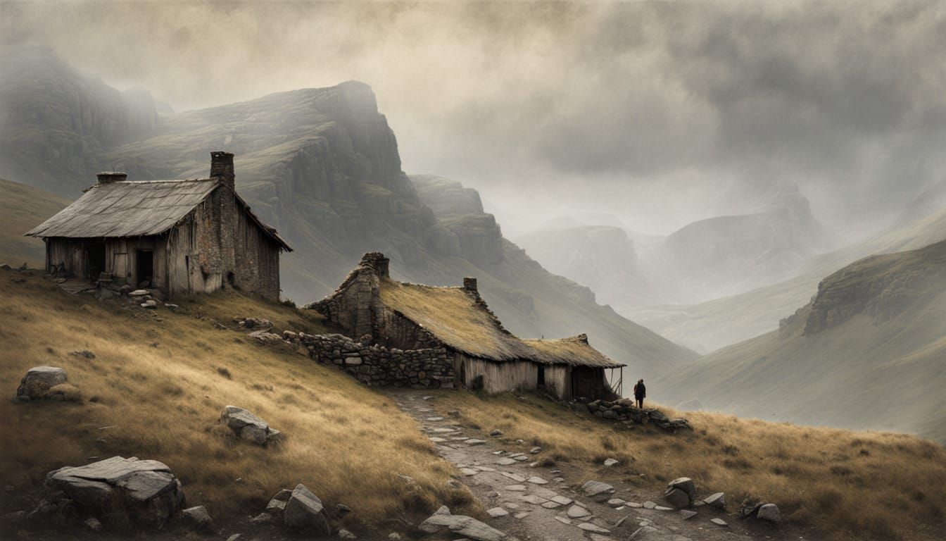 Rustic Mountain Sanctuary in Dramatic, Atmospheric Landscape