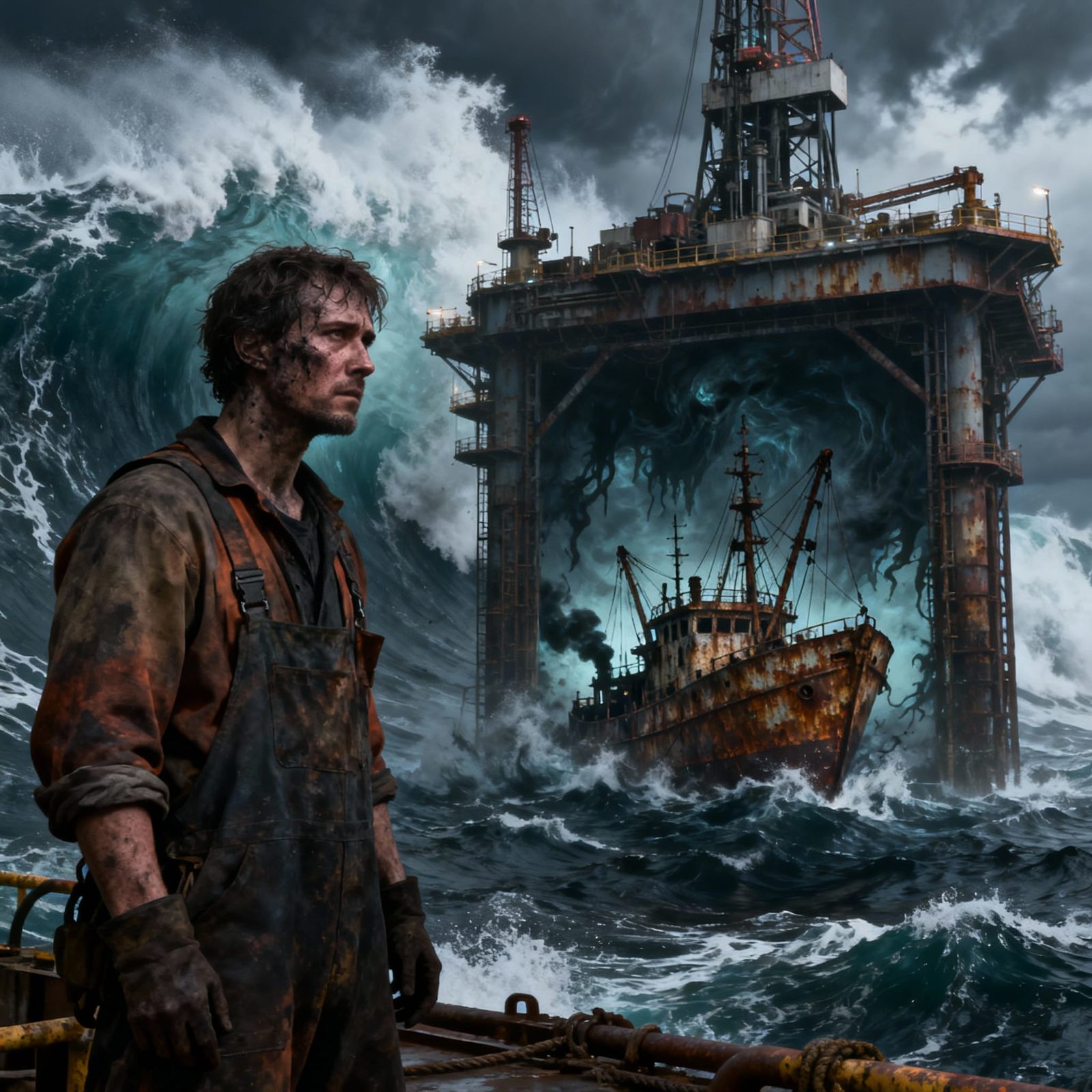 Oil Rig Worker in Stormy Sea, Industrial Realism