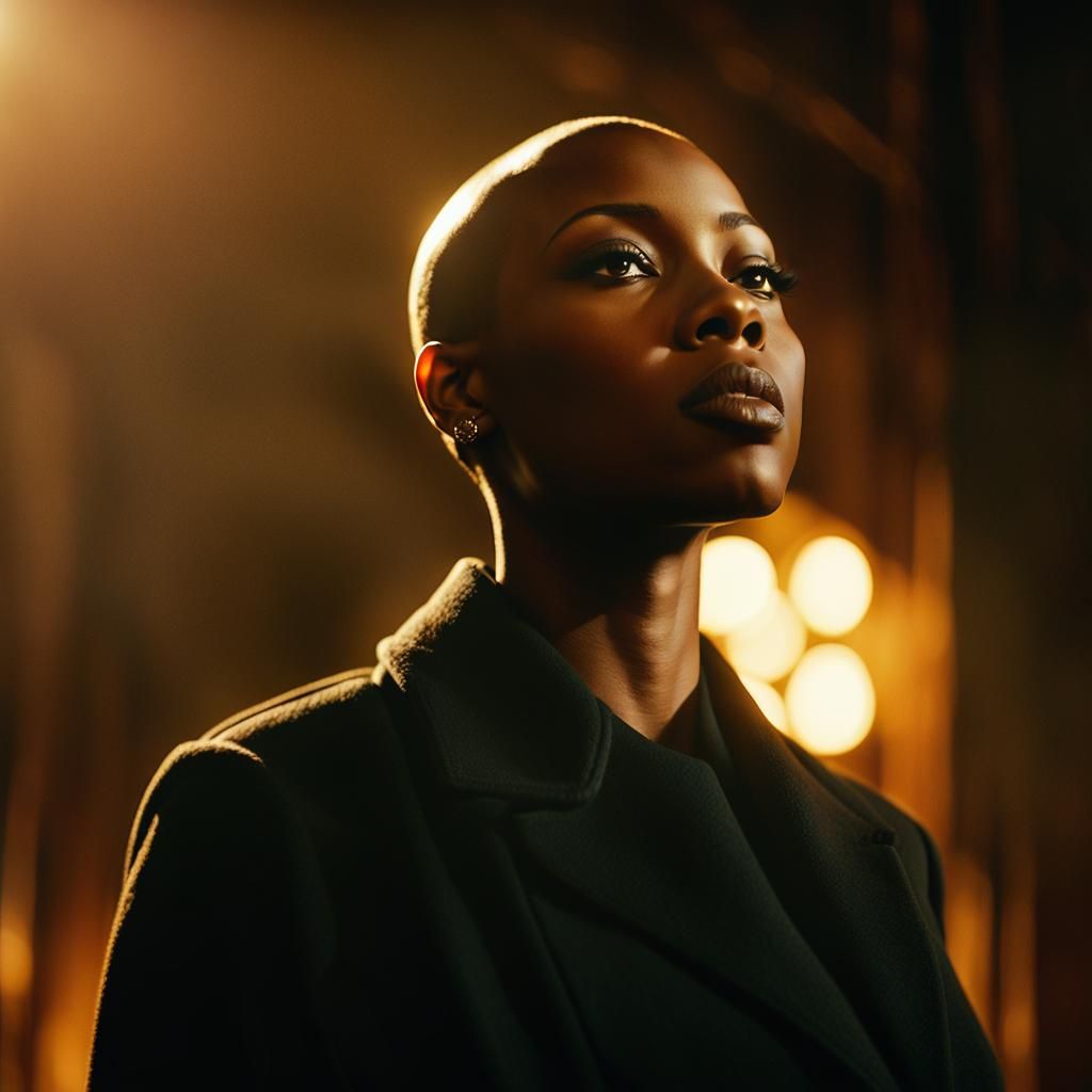 Cinematic Portrait of a Bald Woman in Golden Light