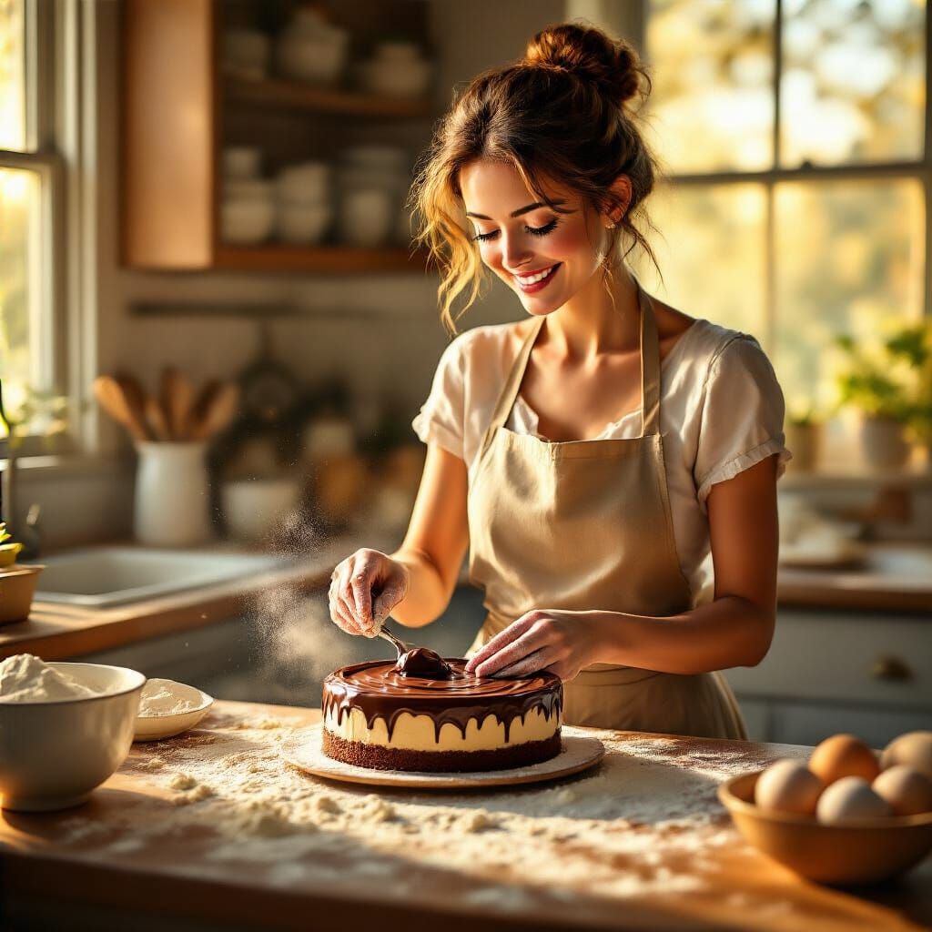 Happy Woman Baking Chocolate Dessert in Sunlit Kitchen
