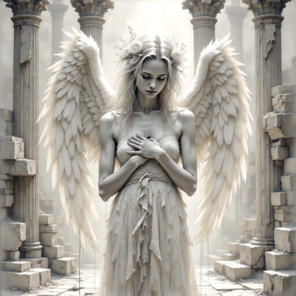 Fallen Angel in Ruins: Luminous Oil Painting