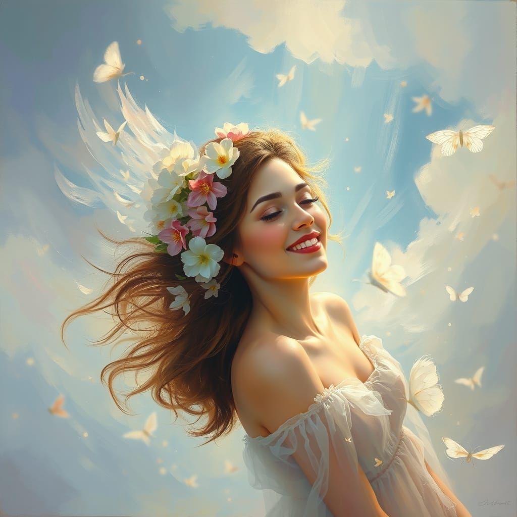 Ethereal Woman in Dreamscape: Impressionistic Oil Painting