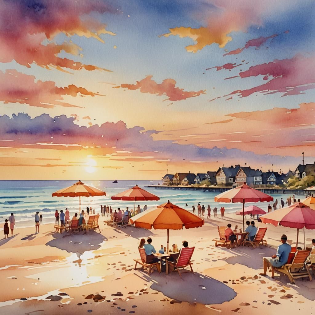 Vibrant Watercolor Beach Scene at Sunset