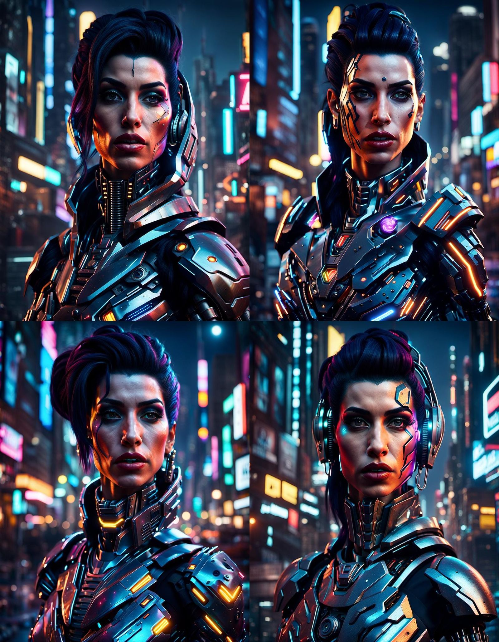 Cyborg Woman Portrait in Cyberpunk Cityscape