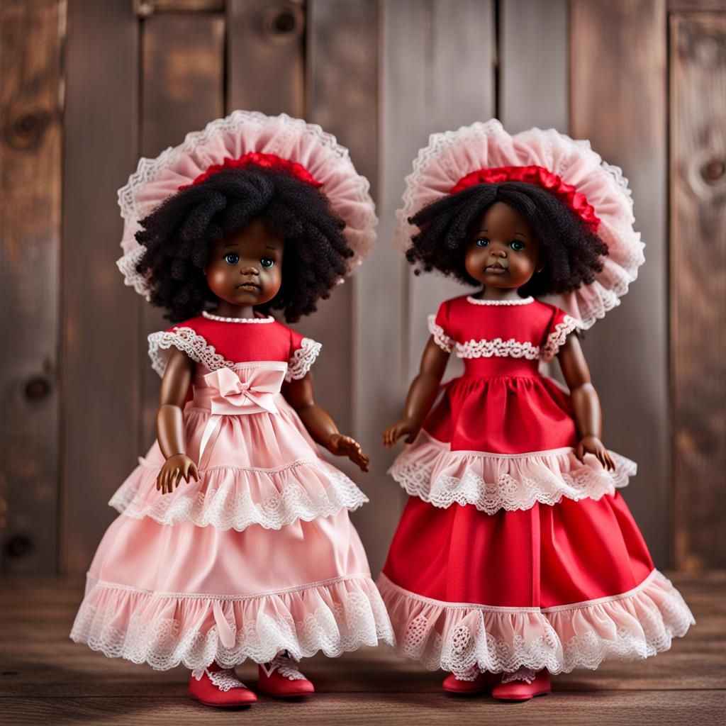 African American Dolls in Frilly Red Dresses