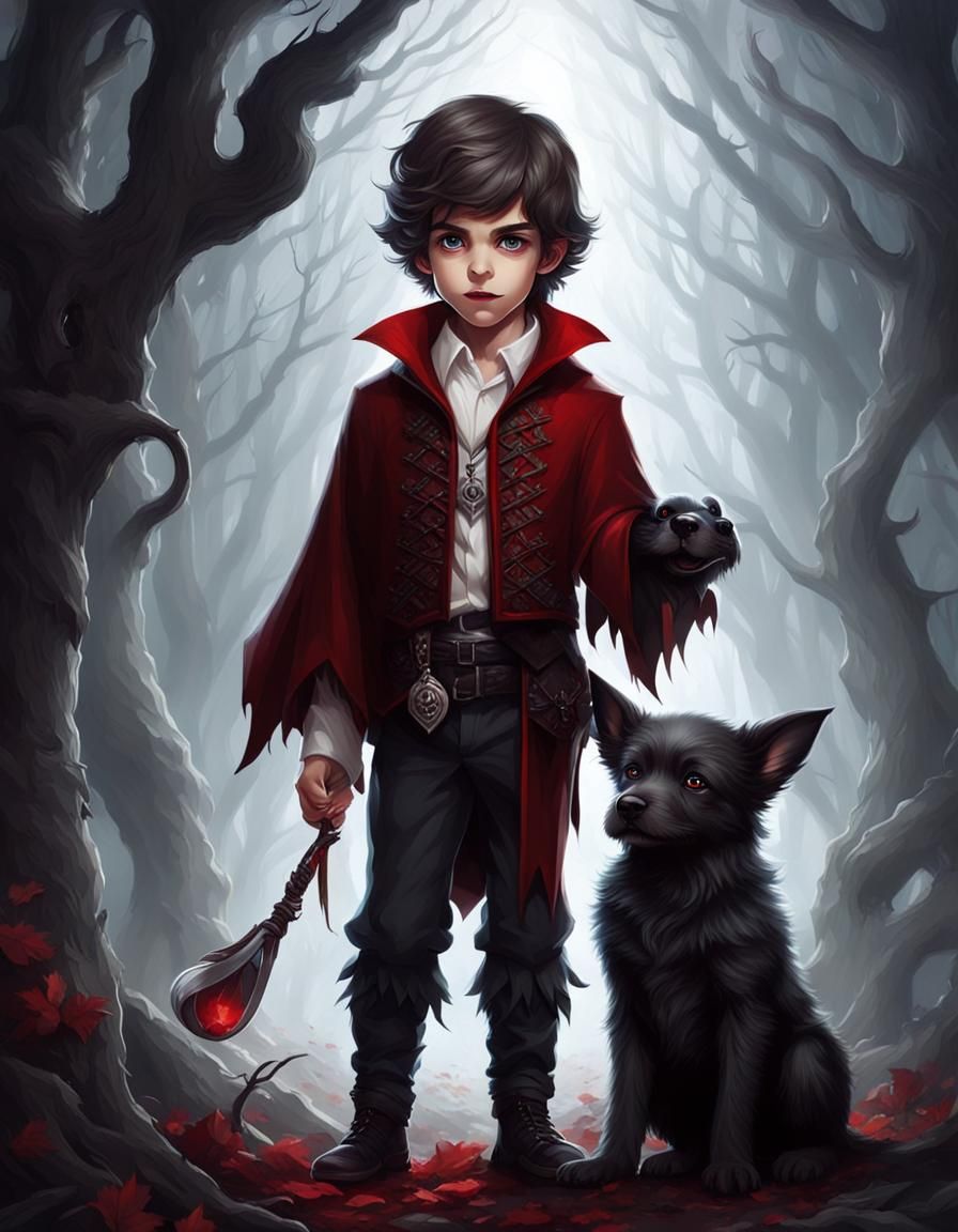 Cute Vampire Boy With Werewolf Puppy, Vector Art