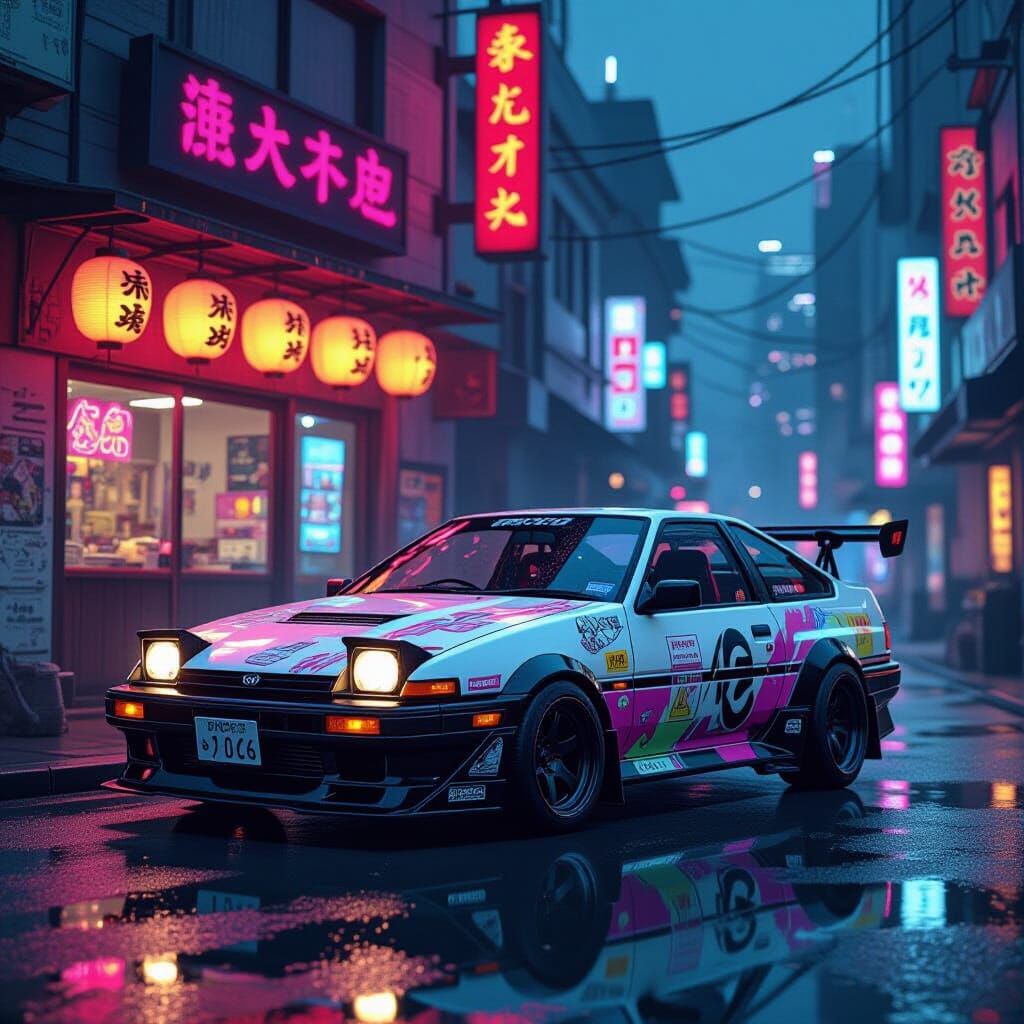 Cyberpunk Toyota AE86 in Neon Japan