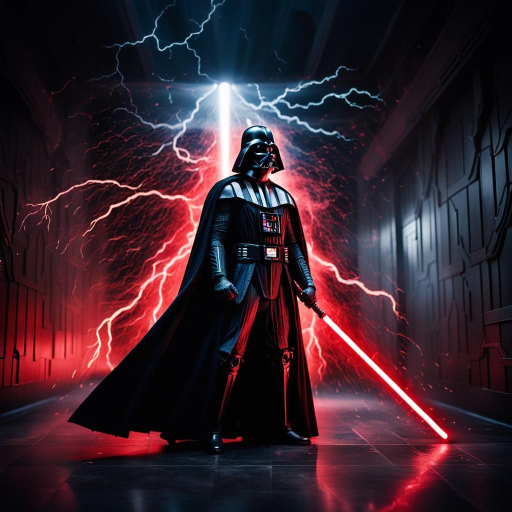 Darth vader in dark hallway, red lightsaber in right hand, s...