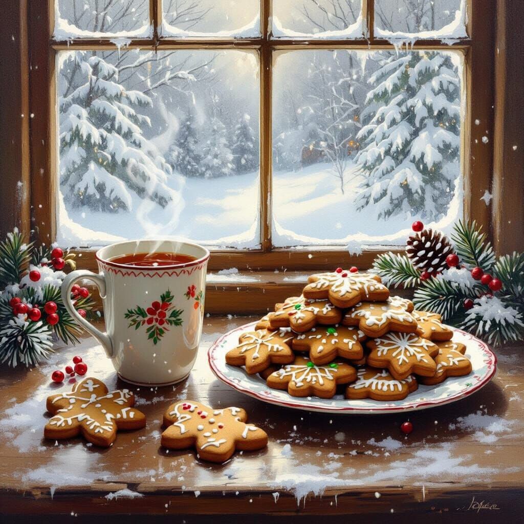Cozy Christmas Kitchen with Cookies and Snowfall
