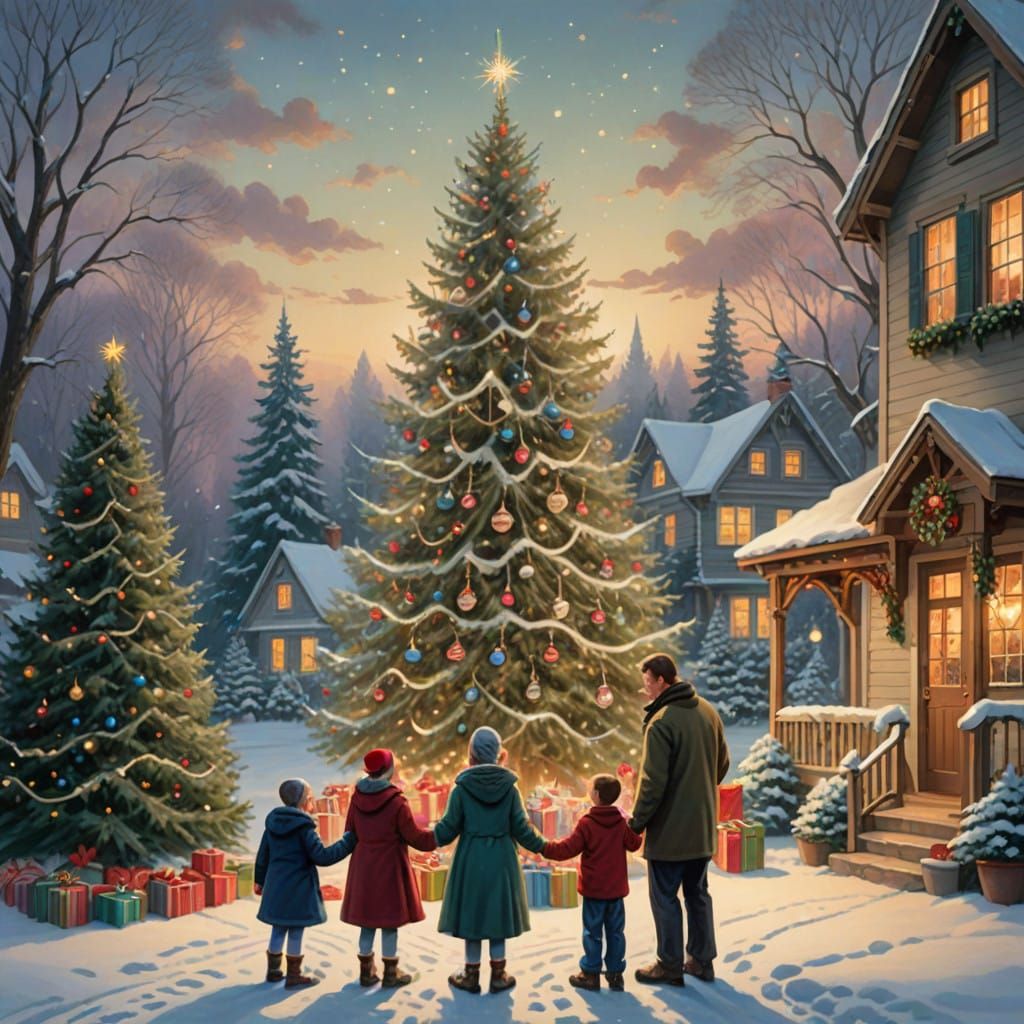Family Christmas Scene in Whimsical Winter Wonderland Style