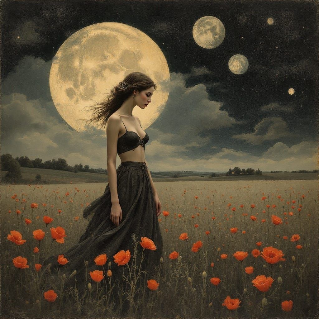 Dreamy Gothic Figure in Scarlet Poppies
