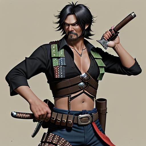 He wields a trusty six-shooter alongside a katana and carries a bandolier filled with shuriken disguised as poker chips.