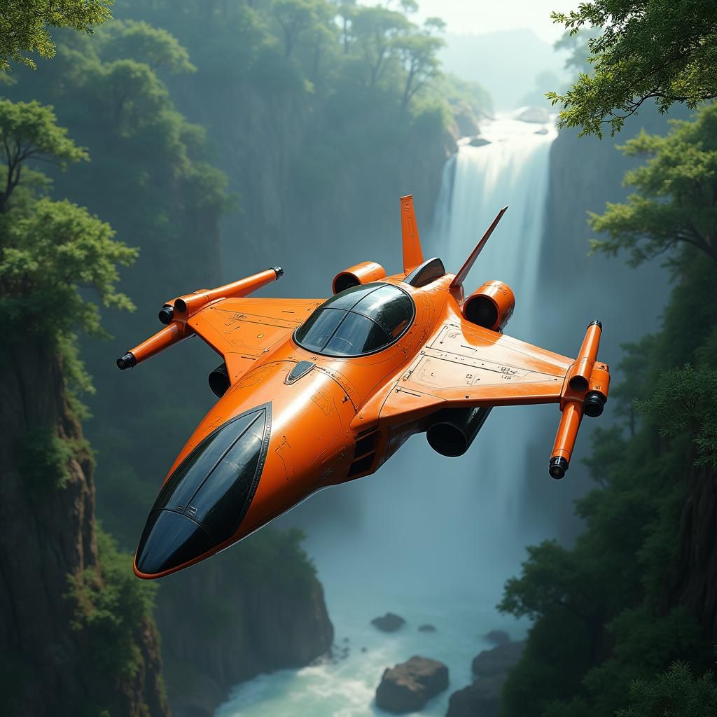 Orange Spacecraft with Waterfall in Sci-Fi Style