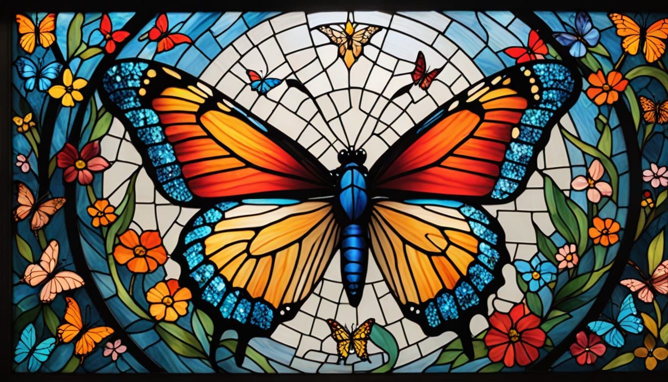 Vibrant Stained Glass Butterfly in Mosaic Style