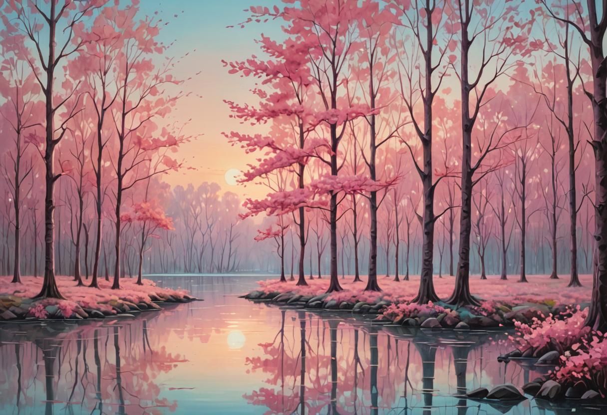 Pink Trees by Serene Lake: Pastel Surrealism