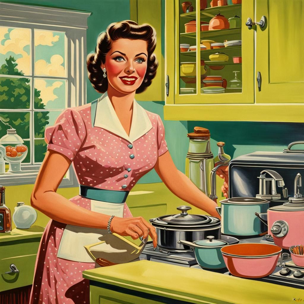Happy 1950s Housewife in Pastel Kitchen