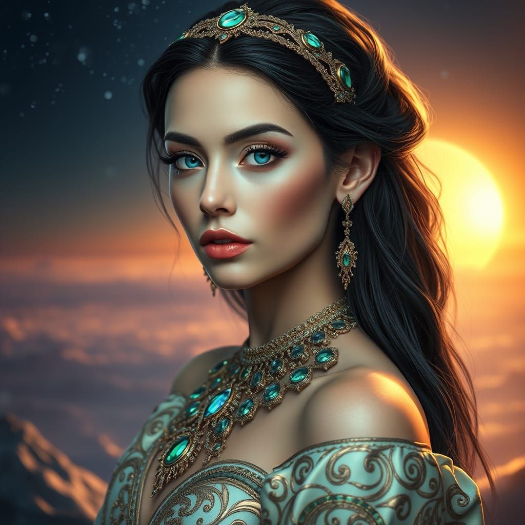 Enchanting Goddess in Iridescent Gown with Aurora Borealis H...