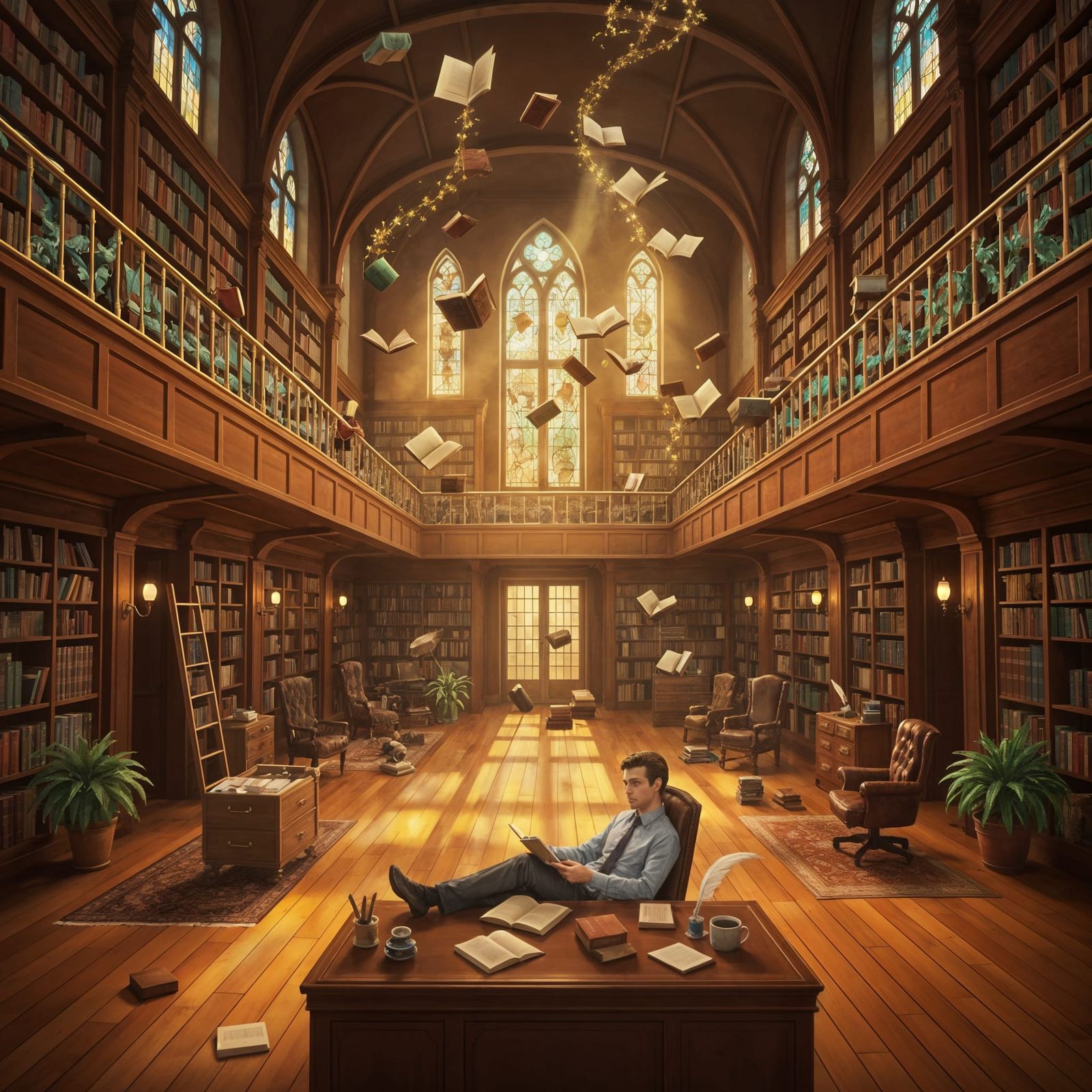 Magical Library Interior with Self-Organizing Books