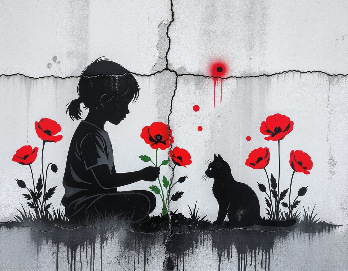 Meditating Child Plants Poppies with Cat Silhouette