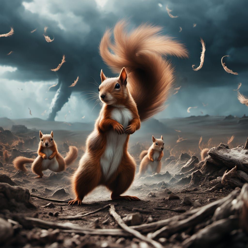 Tornado of Squirrels in Desolate Landscape